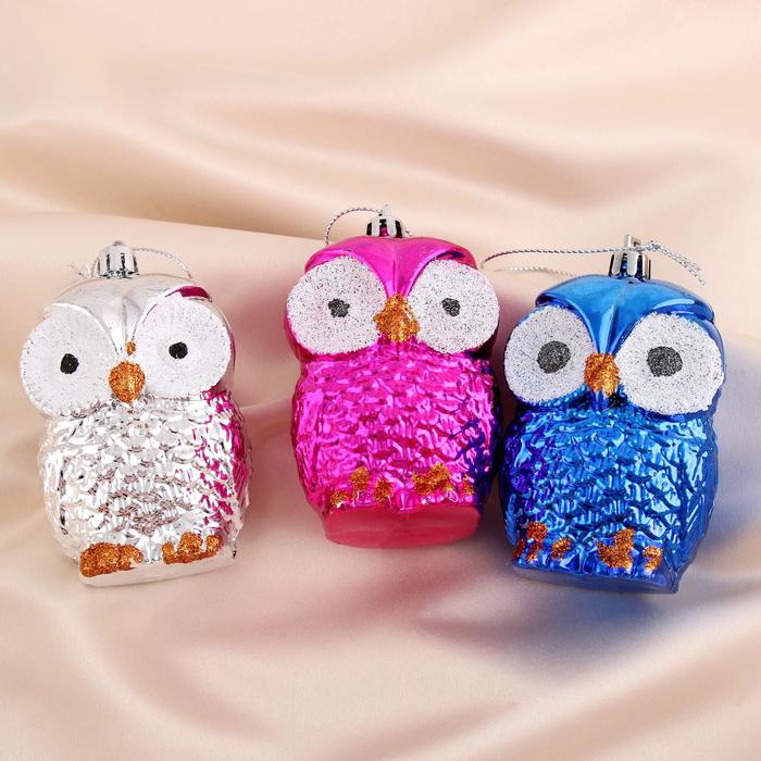 Ёлочные игрушки 3 шт. «Зимнее волшебство. Цветные совушки» пластик, 9 см, МИКС - Фото 1