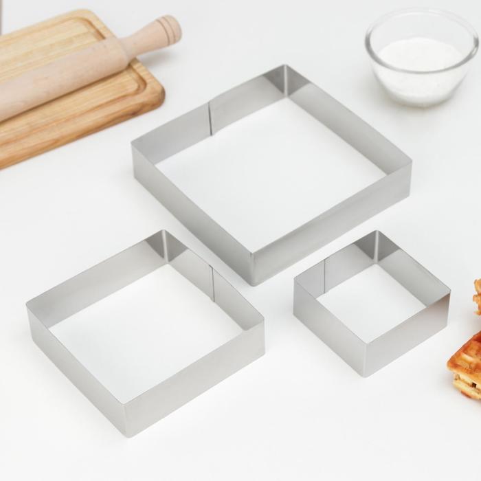 Набор форм для выпечки «Квадрат», 3 шт, 20×4,5 см, цвет хромированный - Фото 1