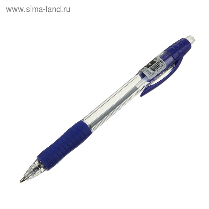 Ручка шариковая авт 1,0мм стержень синий прозр корп с синим колп с резин держ - Фото 1