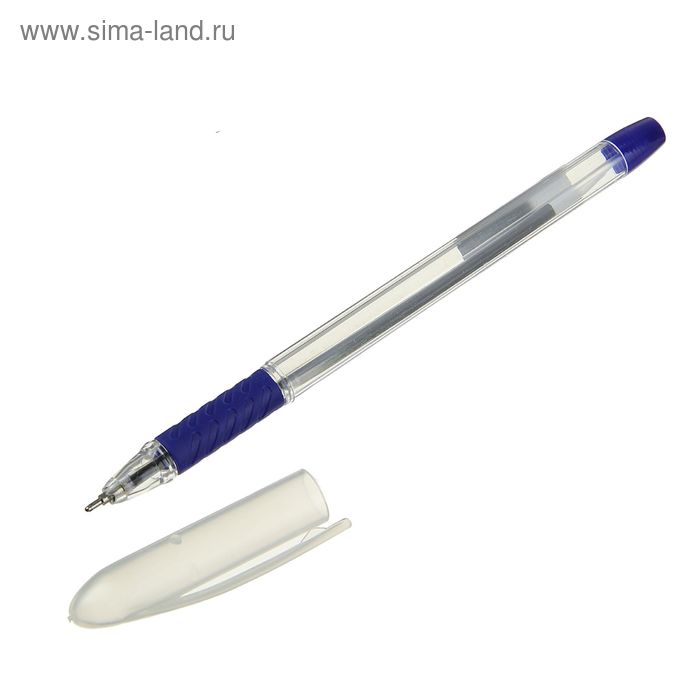 Ручка шариковая, 1.0 мм, стержень синий, корпус прозрачный,с резиновым держателем - Фото 1