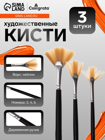 Набор кистей для рисования, 3 штуки, веерные, международный размер