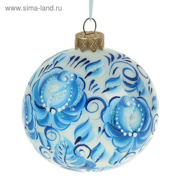 Ёлочный шар ручной работы 8 см "Синий цветок" - Фото 1