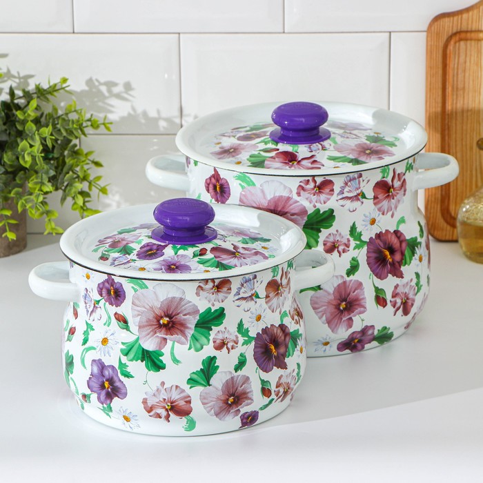 Набор эмалированных кастрюль «Анютины глазки», 2 шт.: 4 л, 5.5 л, белый - Фото 1