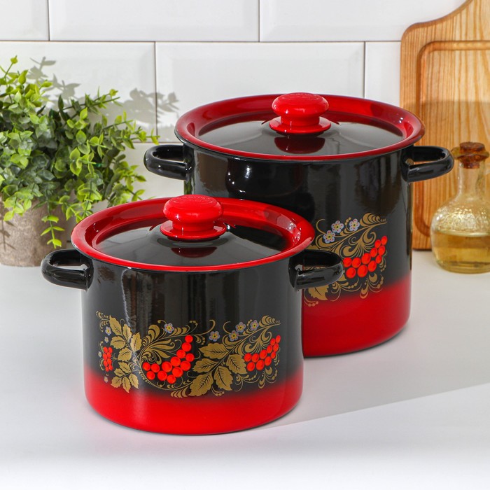 Набор эмалированных кастрюль «Рябинка», 2 шт.: 3.5 л, 5.5 л, чёрный, красный - Фото 1