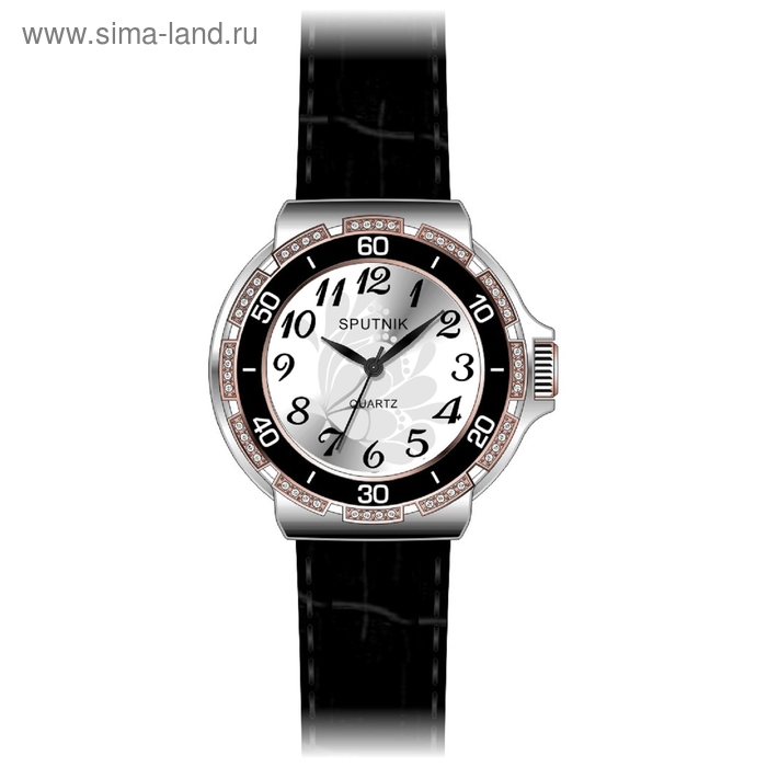 Часы наручные женские "Спутник", металлический циферблат, черный ремешок - Фото 1