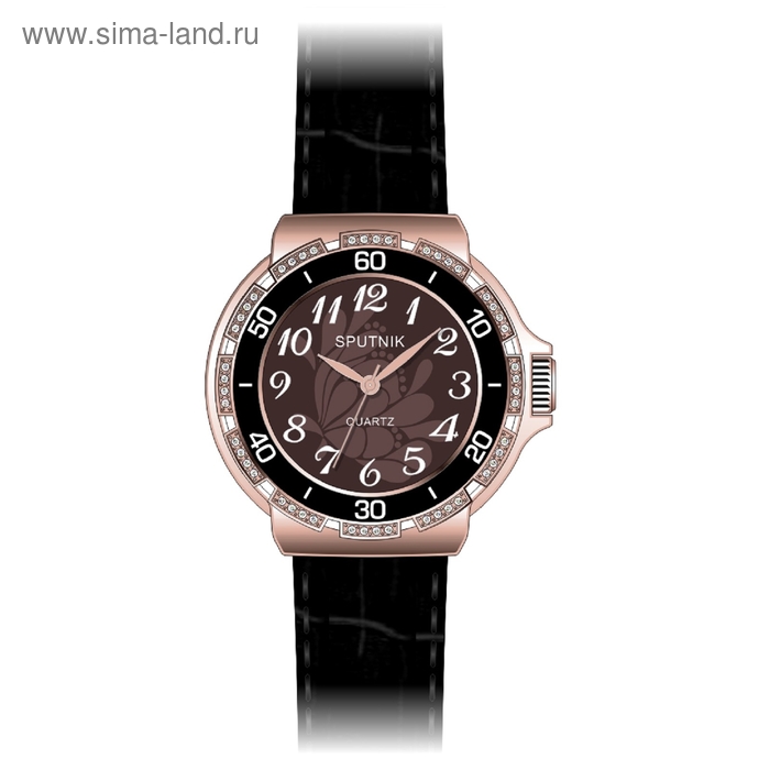 Часы наручные женские "Спутник", коричневый циферблат, черный ремешок - Фото 1