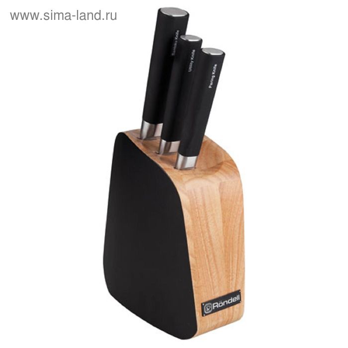 Набор ножей, 4 предмета: Santoku 14 см, универсальный 12,7 см, для овощей 9 см, подставка - Фото 1