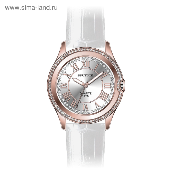 Часы наручные женские "Спутник", металлический циферблат, белый ремешок - Фото 1