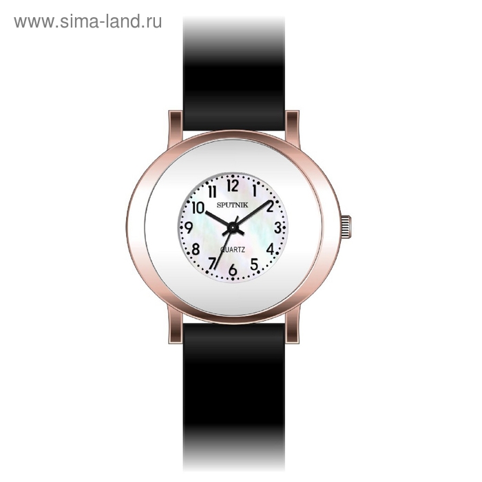Часы наручные женские "Спутник", перламутровый циферблат, черный ремешок - Фото 1