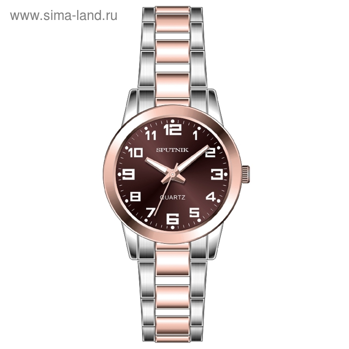 Часы наручные женские "Спутник", коричневый циферблат, металлический браслет - Фото 1