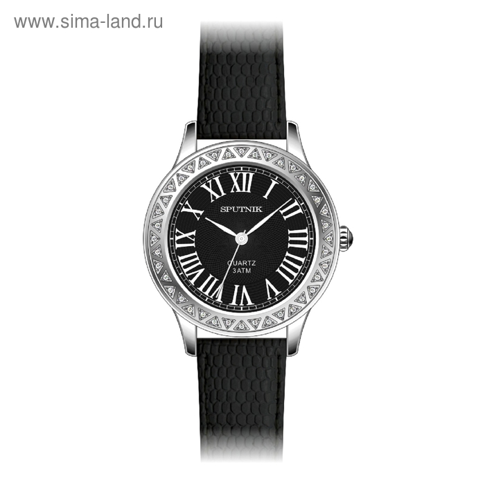 Часы наручные женские "Спутник", черный циферблат, черный ремешок - Фото 1