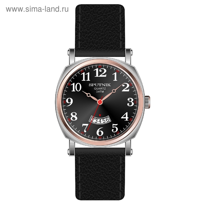 Часы наручные мужские "Спутник", черный циферблат, черный ремешок - Фото 1