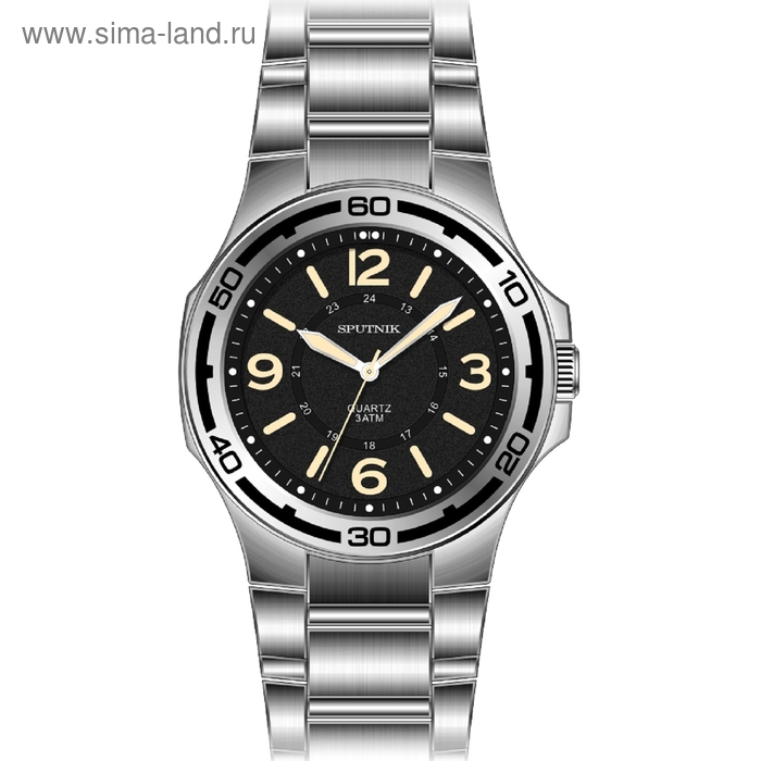 Часы наручные мужские "Спутник", черный циферблат, металлический браслет - Фото 1