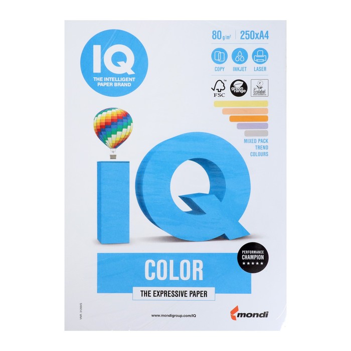 Бумага цветная А4 250 л, IQ COLOR Trend Mix 80 г/м2, 5 цветов по 50 л - Фото 1