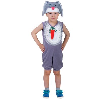 Карнавальный костюм для мальчика от 1,5-3-х лет "Заяц с грудкой", велюр, комбинезон, шапка, рост 98-104 см