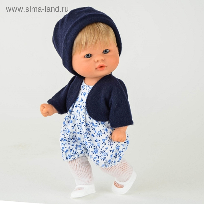 Кукла "Пупсик в белом комбинезоне в голубой цветочек, синем болеро и шапке" - Фото 1