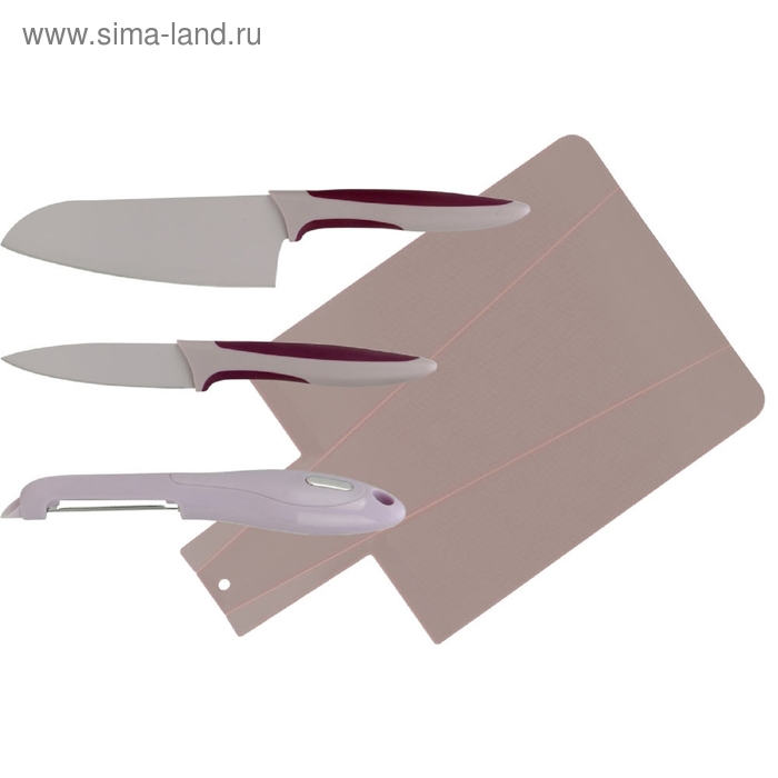 Набор ножей, CALVE, 4 предмета: восточный нож Santoku 13 см, нож для чистки 9 см, овощечистка, доска - Фото 1