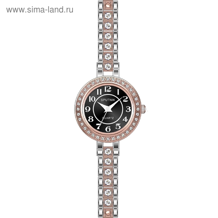 Часы наручные женские "Спутник", черный циферблат, металлический ремешок - Фото 1