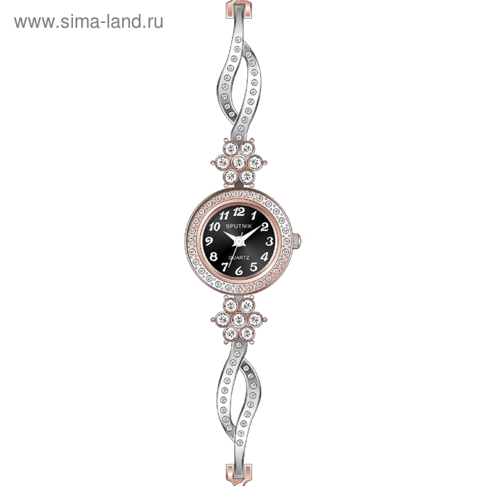 Часы наручные женские "Спутник", черный циферблат, металлический ремешок - Фото 1