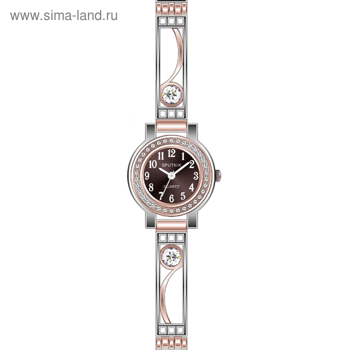 Часы наручные женские "Спутник", коричневый циферблат, металлический ремешок - Фото 1