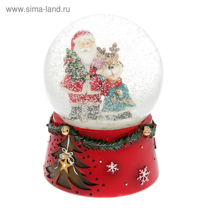 Сувенир полистоун водяной шар музыкальный "Дед Мороз с оленем" 14х10х10 см - Фото 1
