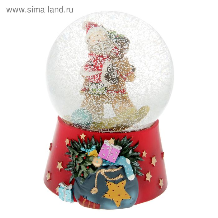 Сувенир полистоун водяной шар музыкальный "Дед Мороз на лошадке-качалке" 14х10х10,5 см - Фото 1
