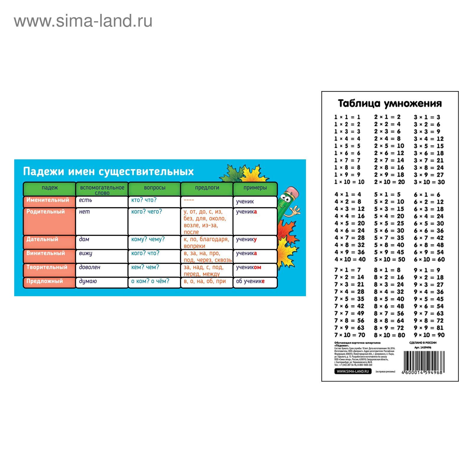 Таблица умножения шпаргалка маленькая распечатать в пенал