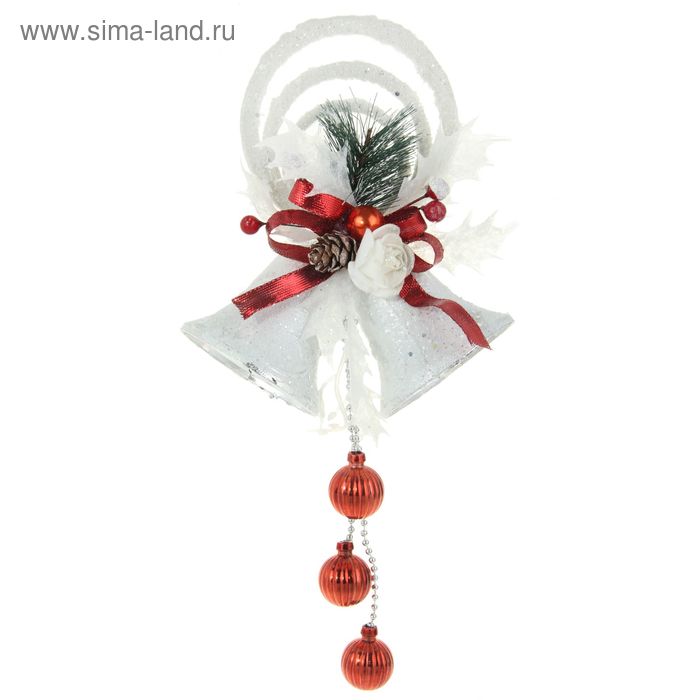 Украшение новогоднее "Два колокольчика с красными шарами, лентой и розочкой" 15х32 см - Фото 1