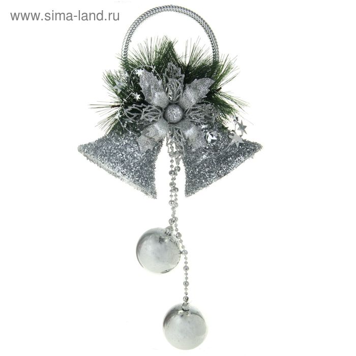 Украшение новогоднее "Два колокольчика с цветком и шарами на кольце" 20х49 см, серебро - Фото 1