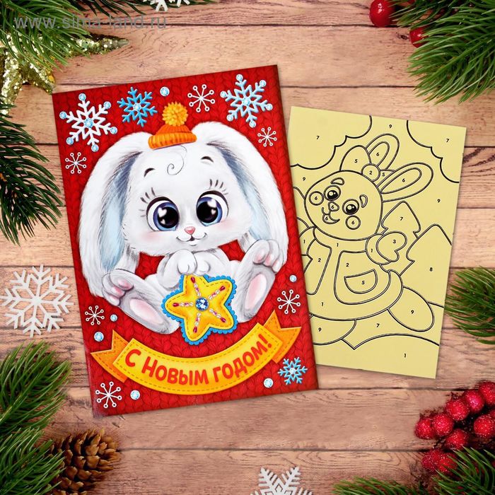 Новогодняя фреска в открытке "Зайка", набор: песок 9 цветов 2гр, стека - Фото 1