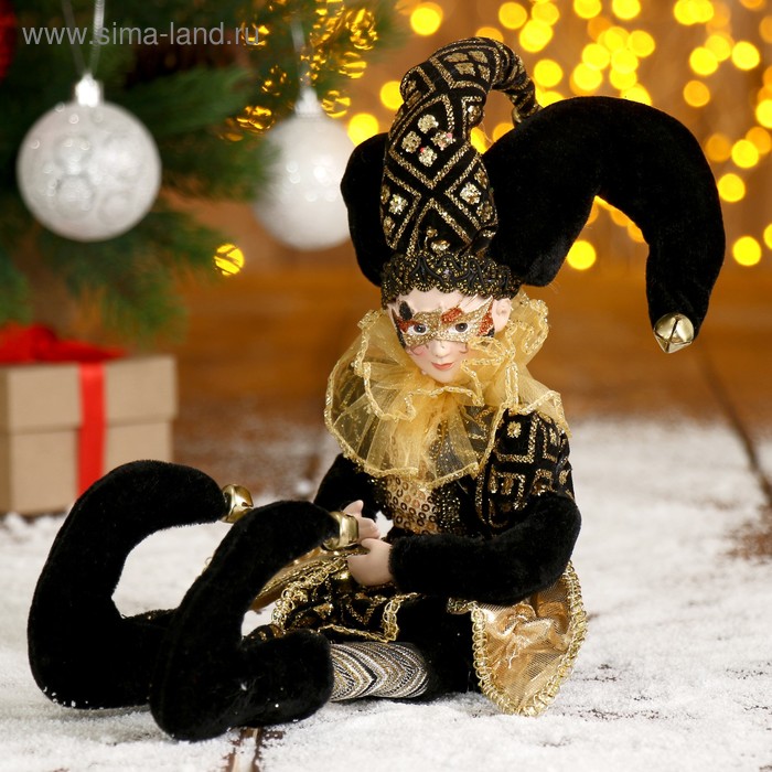украшение новогодние клоун 45 см в черно золотом камзоле маска - Фото 1