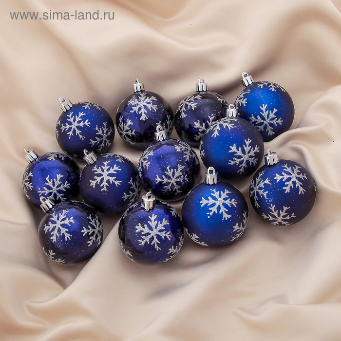 Набор шаров пластик d-5,5 см, 12 шт "Серебристые снежинки" синий - Фото 1
