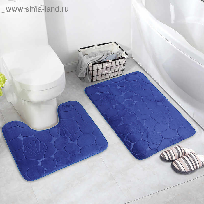 Набор ковриков для ванной и туалета Доляна «Галька, ракушки», 2 шт, 40×50, 50×80 см цвет синий - Фото 1