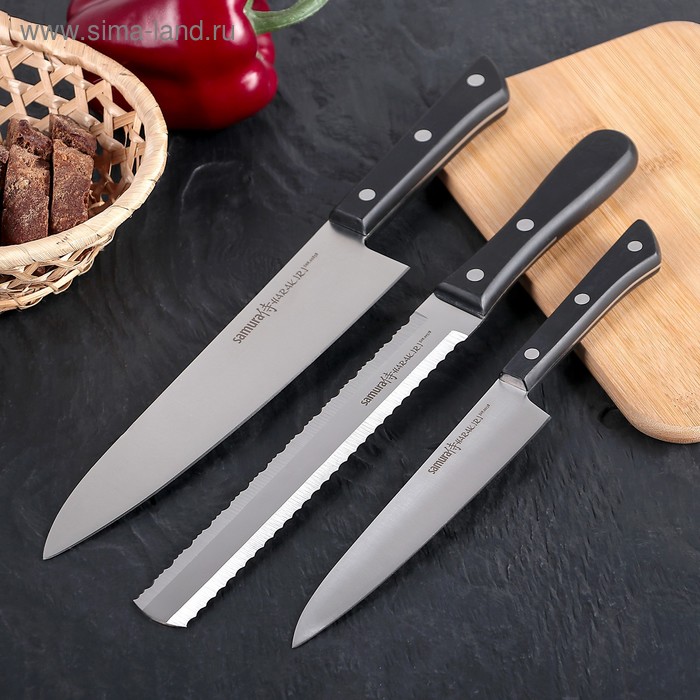 Набор кухонных ножей HаRаKIRI, 3 шт: лезвие 15 см, 18,5 см, 20,8 см, чёрная рукоять, сталь аUS-8 - Фото 1