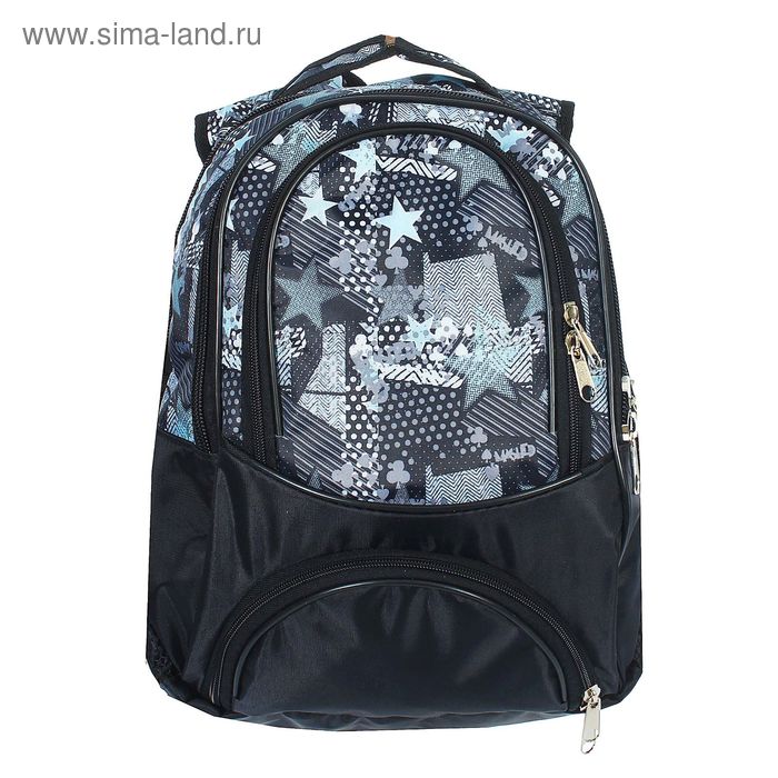 Рюкзак школьный на молнии "Голубые звёзды", 2 отдела, 1 наружный карман, отдел для обуви, чёрный - Фото 1