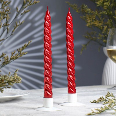 Набор свечей витых, 2.3×24.5 см, 5 ч, 50 г, 2 штуки, красный металлик
