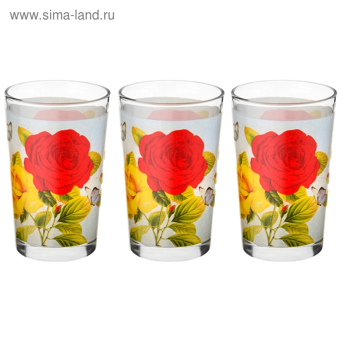 Набор стаканов стеклянных 250 мл "Розы на голубом", 3 шт. - Фото 1
