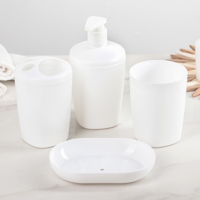 Набор аксессуаров для ванной комнаты Aqua, 4 предмета (дозатор, мыльница, 2 стакана), цвет белый