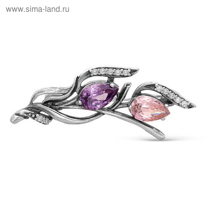 Брошь посеребрение с оксидированием «Тюльпаны», цвет сиренево-розовый - Фото 1