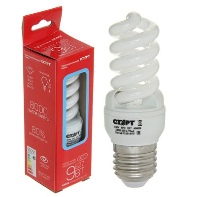 Лампа энергосберегающая "Старт" Эко, E27, 9 Вт, 4000 K, 230 В, холодный белый