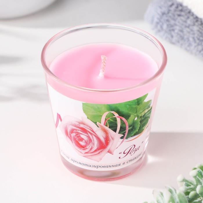 Свеча ароматическая в стакане "Роза", 6,5х6,5 см, 10 ч, 165 г, розовая - Фото 1