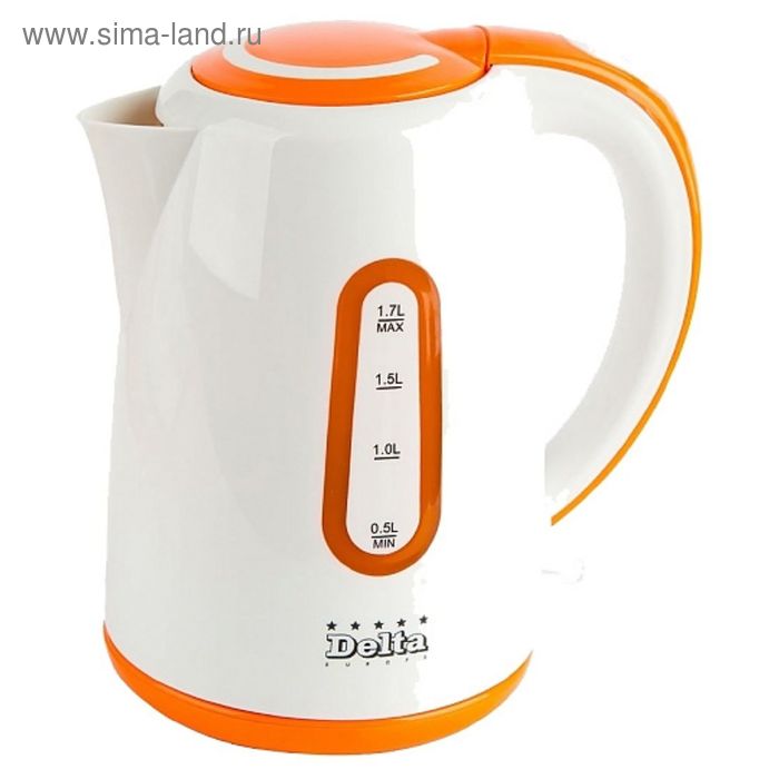 Чайник электрический "DELTA" DL-1080, пластик, 1.7 л, 2200 Вт, бело-оранжевый - Фото 1