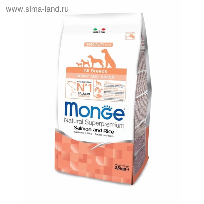Сухой корм Monge Dog Speciality Puppy&Junior для щенков, лосось/рис, 2,5 кг. - Фото 1