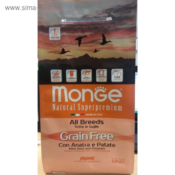 Сухой корм Monge Dog GRAIN FREE беззерновой для собак, утка/картофель, 2,5 кг. - Фото 1