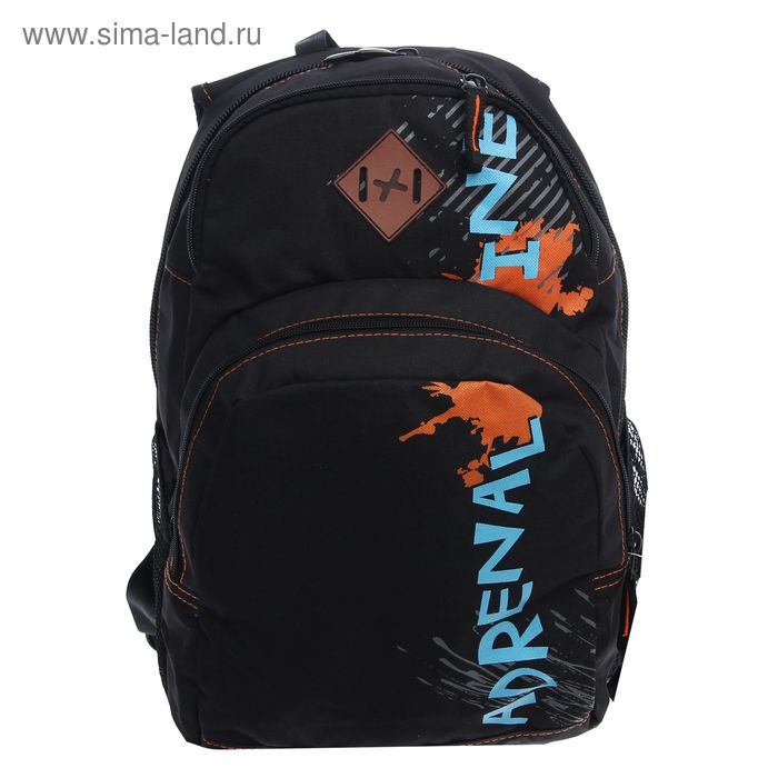 Рюкзак молодёжный на молнии "Адреналин", 1 отдел, 4 наружных кармана, чёрный/голубой/оранжевый - Фото 1