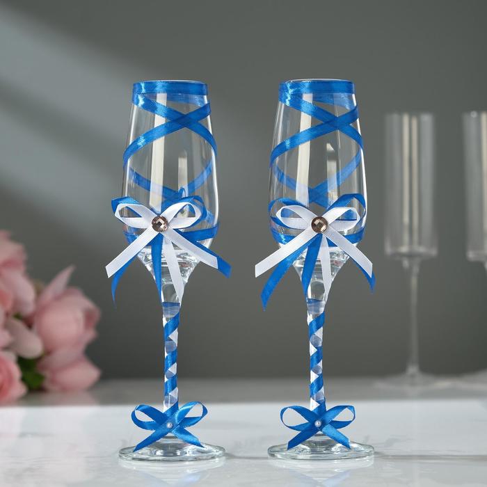 Набор свадебных бокалов для битья с лентой, 2 шт., синий - Фото 1
