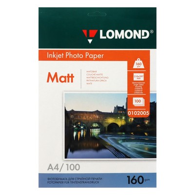 Фотобумага LOMOND, для струйной печати А4, 100 листов, 160 г/м², односторонняя, матовая