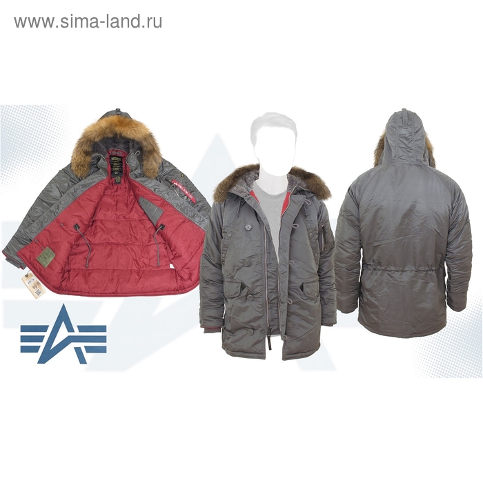 Куртка утеплённая Slim Fit N-3B Parka Alpha Industries Gun Metal/Red, натуральный мех, XS - Фото 1