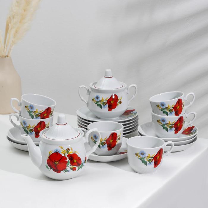 Сервиз чайный «Маки красные», 20 предметов: чайник 550 мл, сахарница 450 мл, 6 чашек 250 мл, 6 блюдец d=15 см, 6 тарелок 17 см - Фото 1