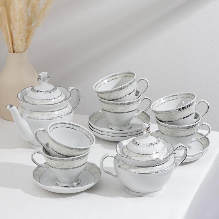 Сервиз чайный фарфоровый «Европейский», 14 предметов: чайник 800 мл, 6 чашек 250 мл, 6 блюдец d=15 cм, сахарница 550 мл - Фото 1